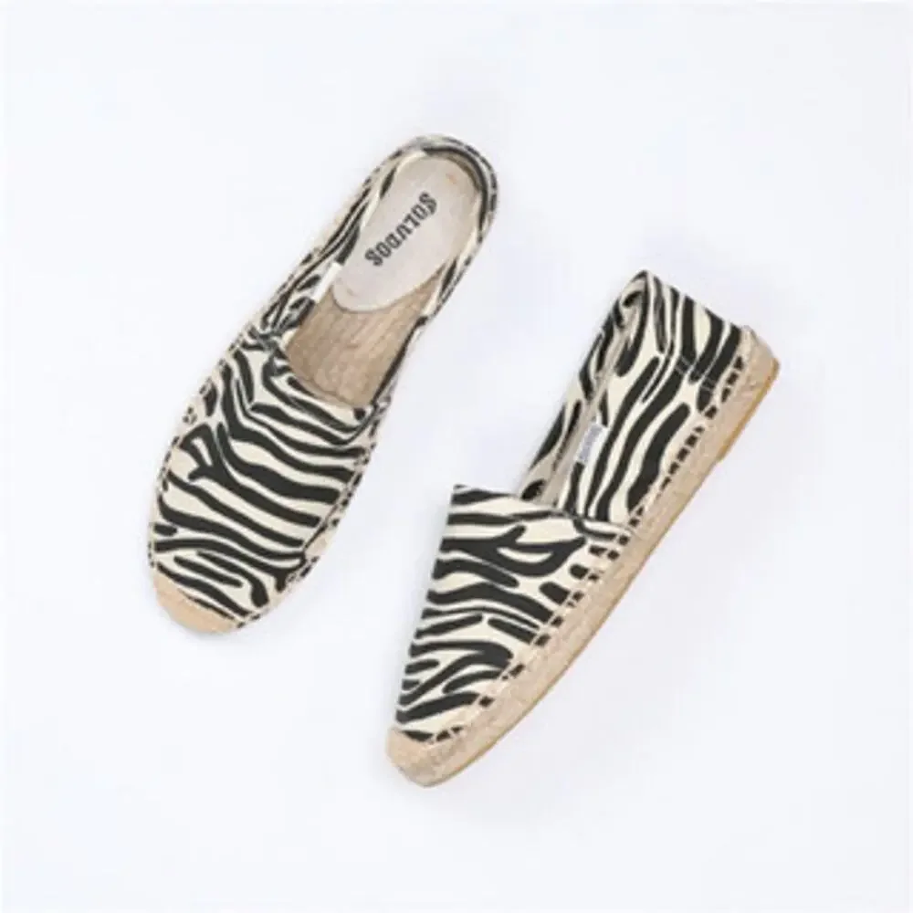 SOLUDOS Zebra Print Espadrille Flats Cream Black Canvas Slip On Women's 7